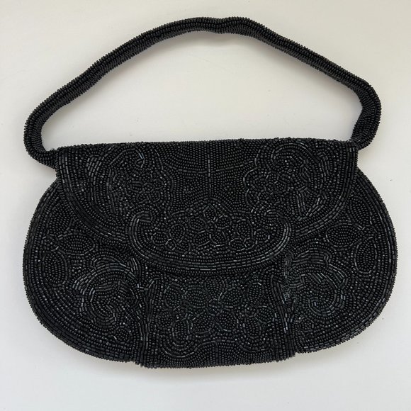 Vintage Made in France Elegant Flower Pattern Black Beaded Purse Small Handbag - Picture 1 of 15
